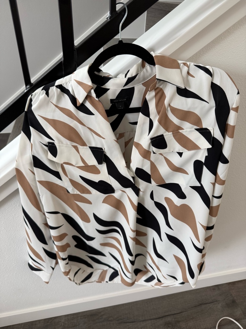 Ann Taylor Woven Animal-Print Button Shirt - White / Black / Brown